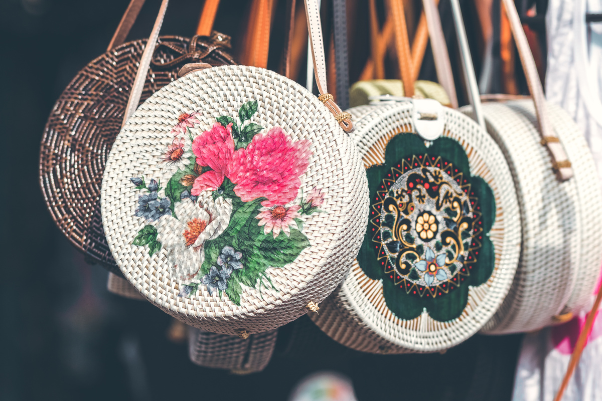 Round White and Pink Floral Woven Sling Bags